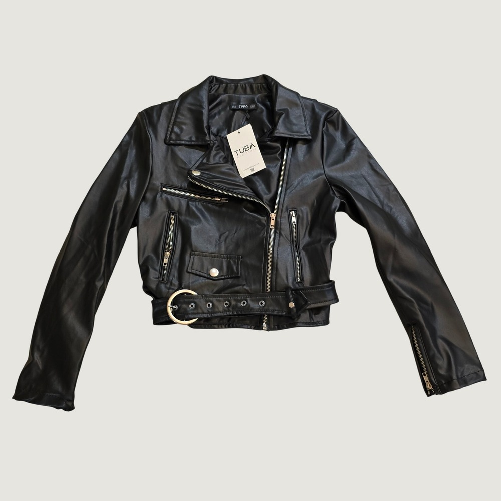 Tuba Butik Womens Black Faux Leather Cropped Moto Biker Jacket Belted Size Large - Picture 2 of 10